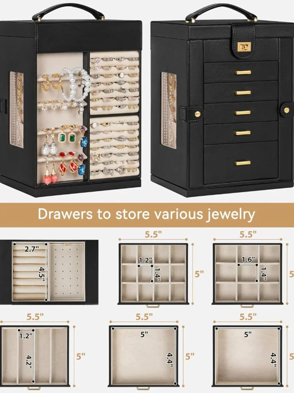 Elegant 6-Tier Leather Jewelry Organizer with Mirror & 360° Rotation